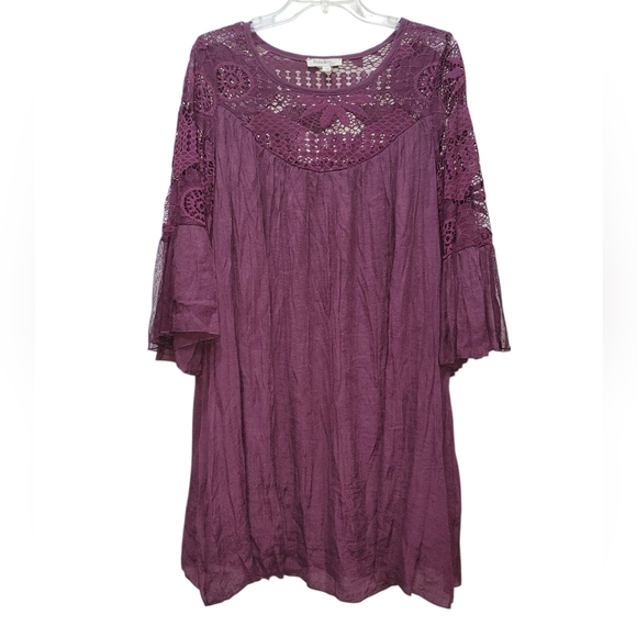 1X Lace Crochet Crinkle Boho 3/4 Bell Sleeve Midi Dress - Picture 1 of 5